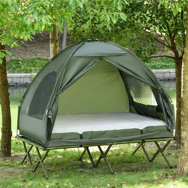 Hævet Camping Seng med Dome Telt og Luftmadras, 193x136x178 cm, Grøn