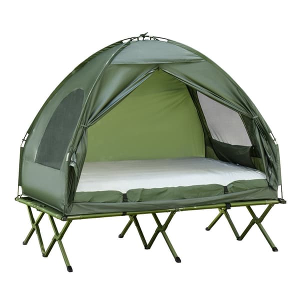 Hævet Camping Seng med Dome Telt og Luftmadras, 193x136x178 cm, Grøn