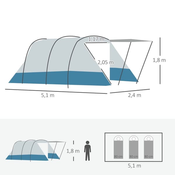 Rootz campingtält - Familjtält - utomhusskydd - vattenavvisande - 5.10 m x 2,40 m x 1,80 m