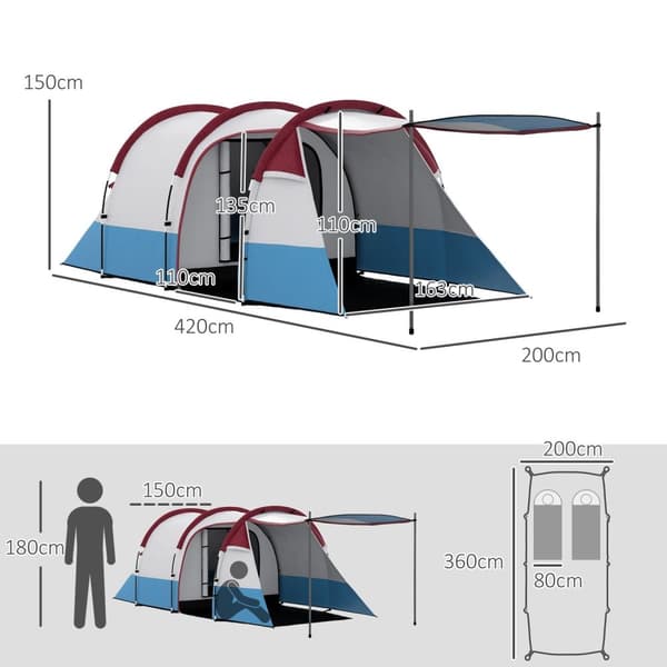 Rootz 3 -personer campingtelt - udendørs telt - vandtæt husly - lanterne kroge - 420 cm x 200 cm x 150 cm - blå, hvid