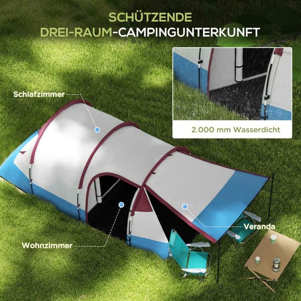 Rootz 3 -personer campingtelt - udendørs telt - vandtæt husly - lanterne kroge - 420 cm x 200 cm x 150 cm - blå, hvid