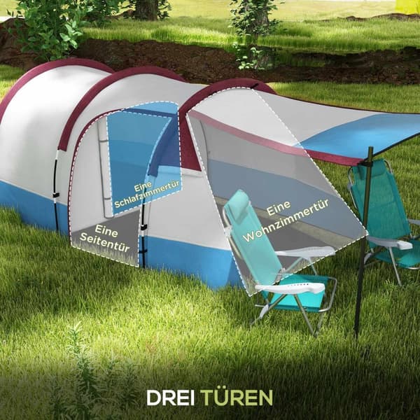 Rootz 3 -personer campingtelt - udendørs telt - vandtæt husly - lanterne kroge - 420 cm x 200 cm x 150 cm - blå, hvid