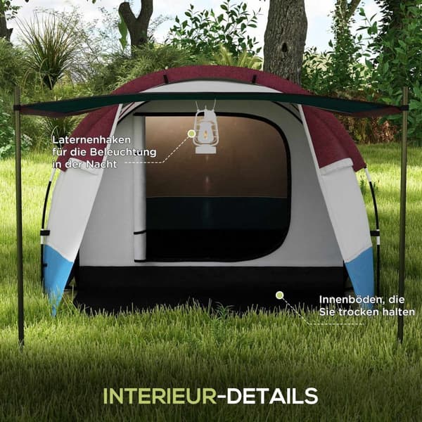 Rootz 3 -personer campingtelt - udendørs telt - vandtæt husly - lanterne kroge - 420 cm x 200 cm x 150 cm - blå, hvid
