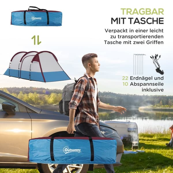 Rootz 3 -personer campingtelt - udendørs telt - vandtæt husly - lanterne kroge - 420 cm x 200 cm x 150 cm - blå, hvid