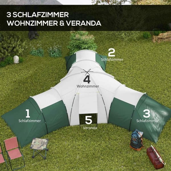 Rootz campingtält för 6-9 personer - 4 rumstält - vattentäta tält - ultimat komfort - 615x615x225cm