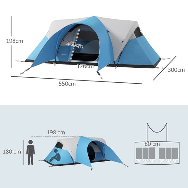 Rootz Family Camping Tent - Waterproof Shelter - Outdoor Awisning - Skyddar från regn - 550L X 300B X 198H CM - BLÅ, GRÅ