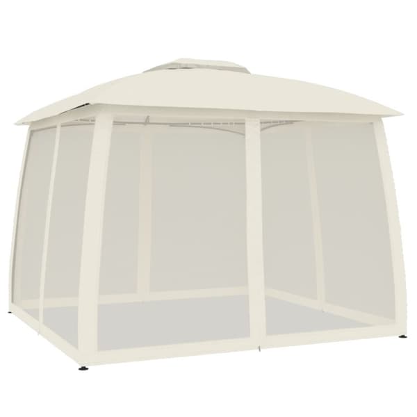 Paviljong med dubbelt tak & nätväggar gräddvit 2,93x2,93 m stål