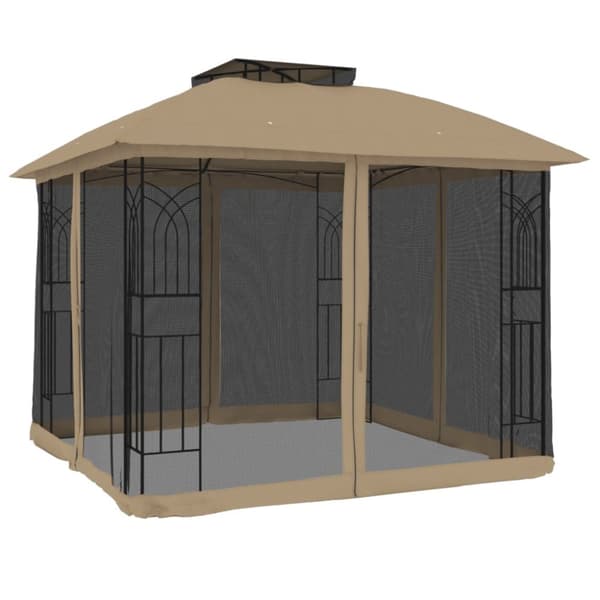 Paviljong med dubbelt tak & nätväggar taupe 2,94x2,94 m stål