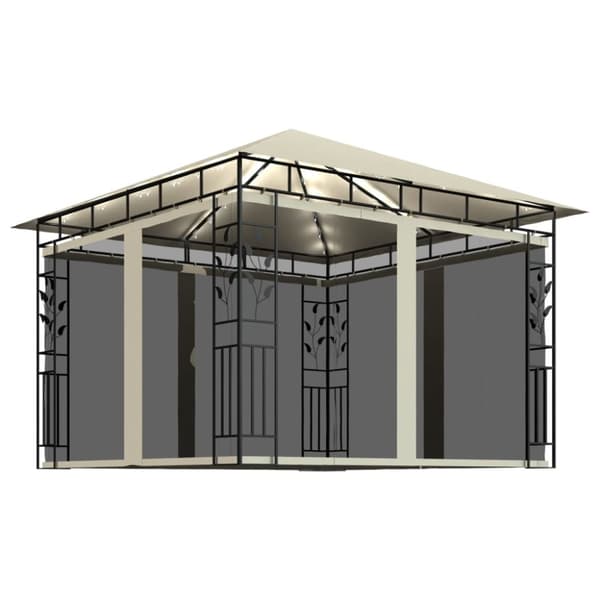 Paviljong med myggnät och ljusslinga LED 3x3x2,73 m gräddvit
