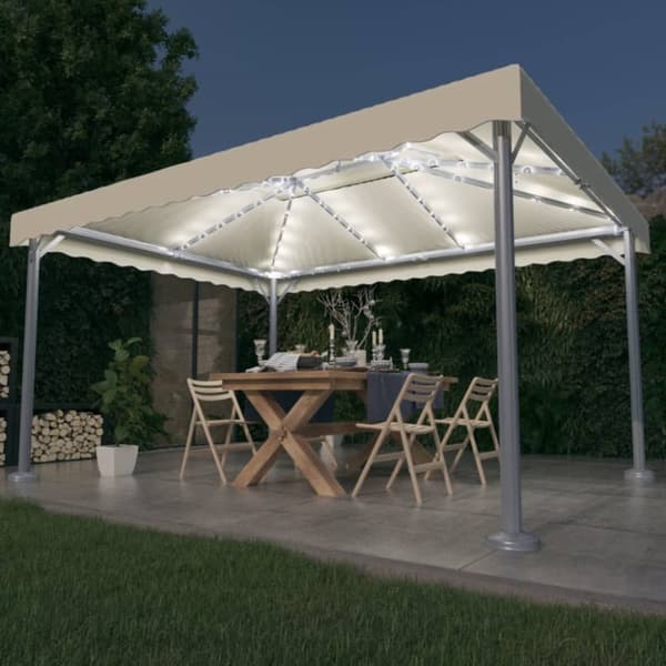 Paviljong med ljusslinga LED 400x300 cm gräddvit aluminium