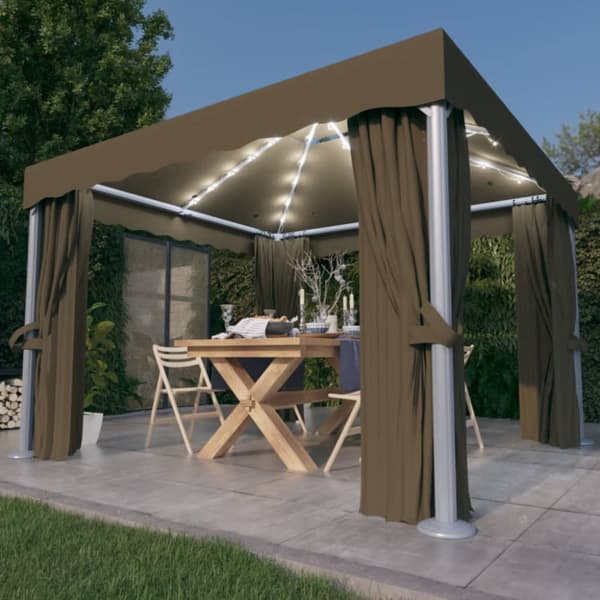 Paviljong med draperi och ljusslinga LED 3x3 m taupe