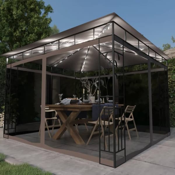 Paviljong myggnät och ljusslinga LED 3x3x2,73 m taupe 180 g/m²