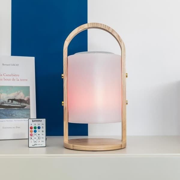 Trådlös bluetooth högtalarlampa - LUMISKY - WOODY PLAY - H37 cm - Trähandtag - Dimbar vit och flerfärgad LED