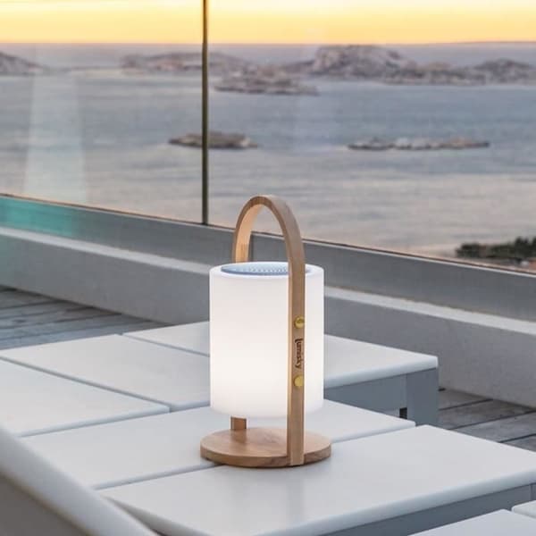 Trådlös bluetooth högtalarlampa - LUMISKY - WOODY PLAY - H37 cm - Trähandtag - Dimbar vit och flerfärgad LED