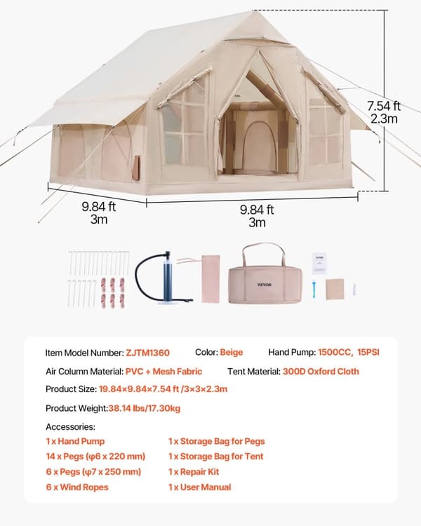 VEVOR Oppustelig Telt, Rummelig 3x2m Design, Holdbart 300D Oxford Stof,3x3.1m