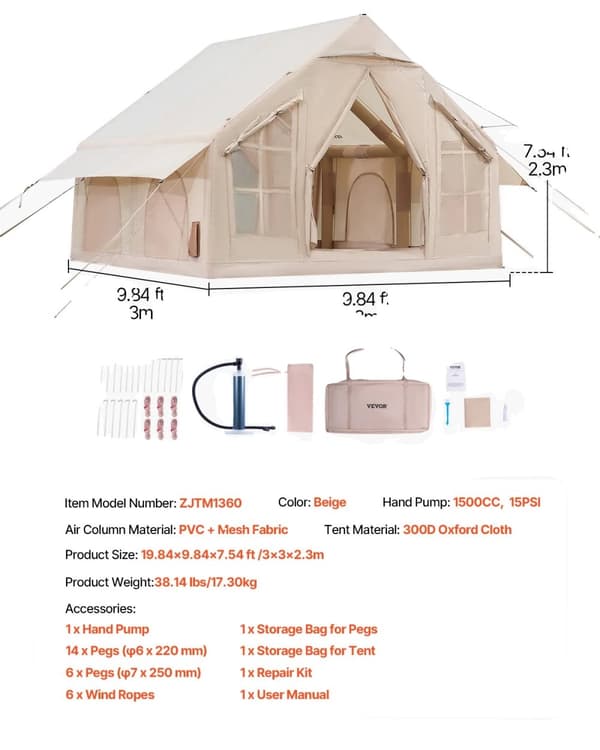 VEVOR Oppustelig Telt, Rummelig 3x2m Design, Holdbart 300D Oxford Stof,3x3.1m