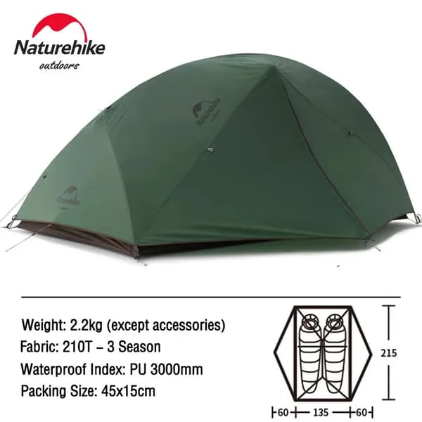 Naturehike 2-personers campingtelt, letvægts 1,95 kg, vandtæt PU 4000 mm,210T - Hærgrøn