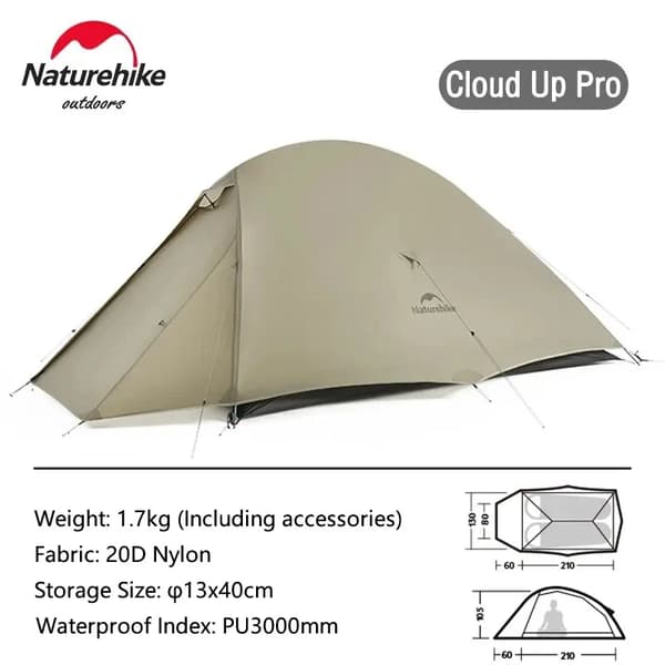 Naturehike Cloud Up Pro Tält, Ultralätt 1,7 kg, 20D Nylon Vattentålig,2P - Sand - 20D