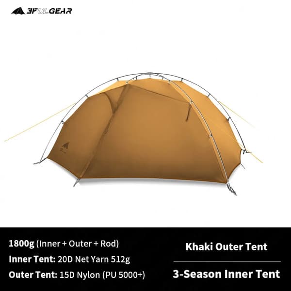 Ultralight Camping Telt til 2 Personer, Vandtæt 15D Nylon, Holdbar Konstruktion,15D-3Sæson-Khaki