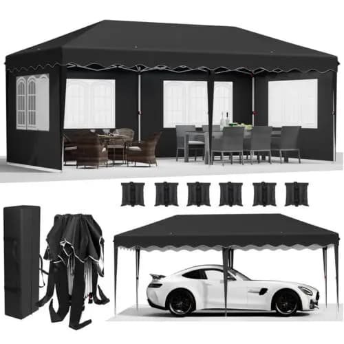 Pop-Up Pavillon 3m x 6m, Vandtæt med UV-beskyttelse, Nem Opsætning,sort