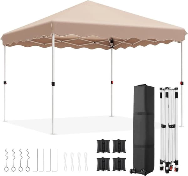 Pop Up Paviljong, Vattentät Tältmarkis, UPF50+ Solskydd 3x3m, Justerbar Höjd,Beige