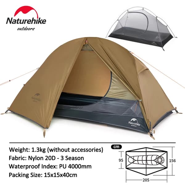 Ultralight Camping Telt, Vandtæt Nylon, 1-Person Kapacitet,1P - 20D - Brun