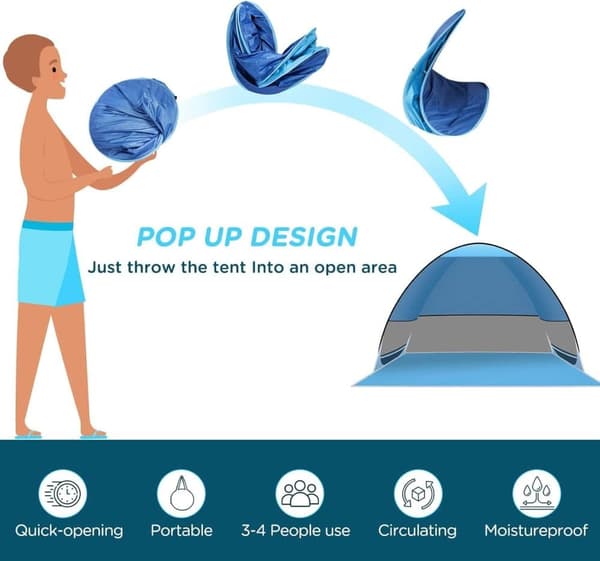 Lollanda Pop-up strandtelt, pop-up telt, vindbeskyttelse – anti-UV, vandtæt, automatisk opsætning, bærbar