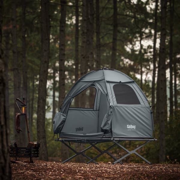 SoBuy Campingtält för 1 Person – Med Förvaring & Lampkrok, 2-i-1 Enkel Tält | 193x86x160cm Ljusgrå OGS32-II-HG