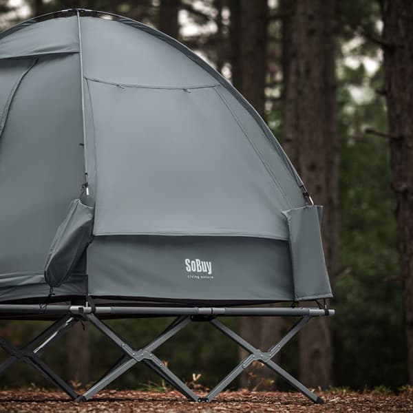 SoBuy Campingtält för 2 Personer – Med Fältsäng, 2-i-1 Tält | 193x145x185cm Ljusgrå OGS32-II-L-HG