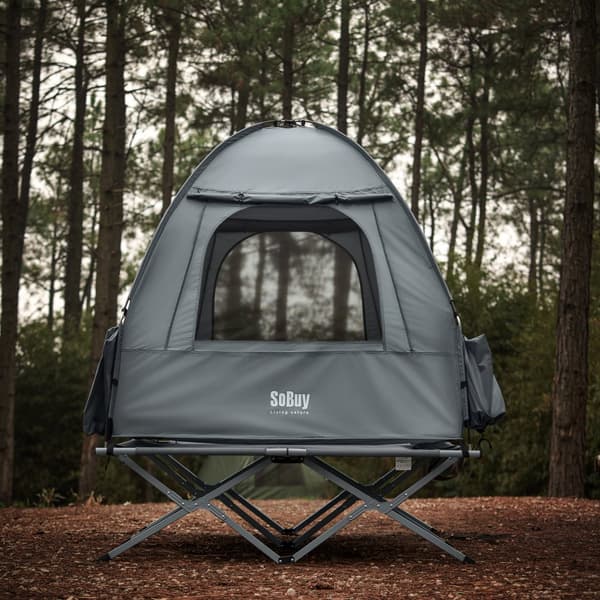 SoBuy Campingtält för 2 Personer – Med Fältsäng, 2-i-1 Tält | 193x145x185cm Ljusgrå OGS32-II-L-HG