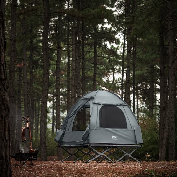 SoBuy Campingtält för 2 Personer – Med Fältsäng, 2-i-1 Tält | 193x145x185cm Ljusgrå OGS32-II-L-HG