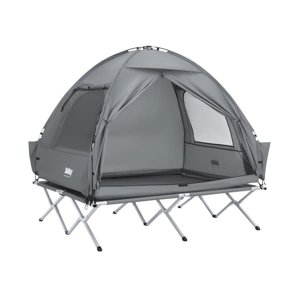 SoBuy Campingtält för 2 Personer – Med Fältsäng, 2-i-1 Tält | 193x145x185cm Ljusgrå OGS32-II-L-HG