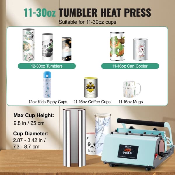 VEVOR Tumbler Varmepressemaskine, 580W Effekt, 11-30oz Kapacitet, Justerbart Temperaturinterval