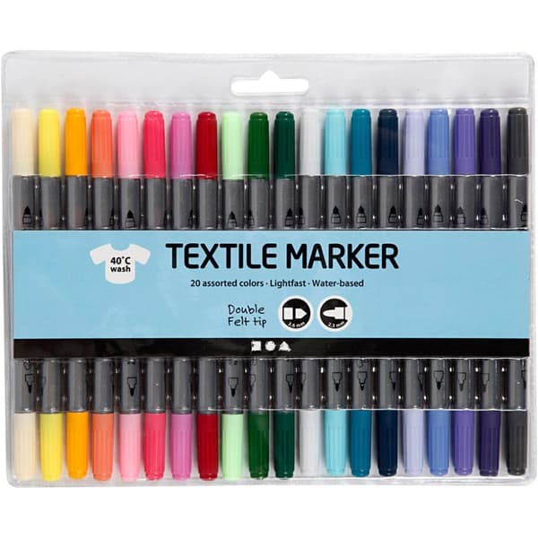 Tekstiltusj, suppl. farger, strek 2,3+3,6 mm, 20 stk./ 1 pk.