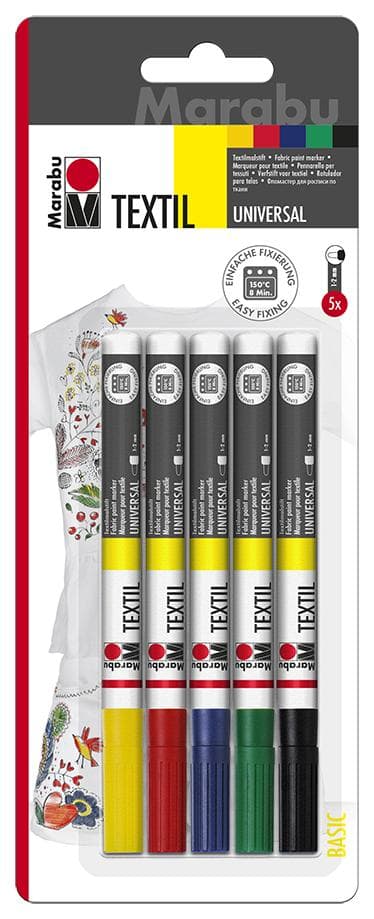 Textilpenna Marabu Textil Painter Universal, Basic, 1-2mm, 5 färger/fp