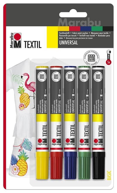 Textilpenna Marabu Textil Painter Universal, Basic, 2-4mm, 5 färger/fp