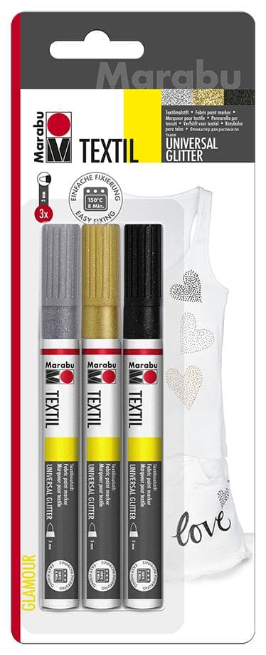 Textilpenna Marabu Textil Painter Universal Glitter, Glamour, 3mm, 3 färger/fp