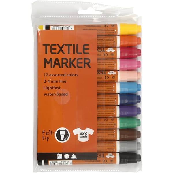 Textilpennor - 12  st - Basfärger - Spets 2-4 mm