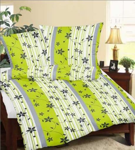 Bark sengetøj 200x220 mønster RS010/1 Blomster + Striber Grøn, Hvid og Grå med knapper 100% tyk bomuld