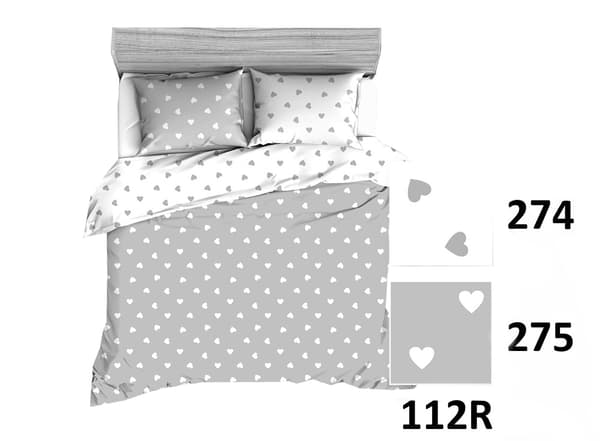 Puuvillaiset vuodevaatteet 160x200 R112 valkoiset harmaat sydämet 275D 274D