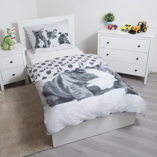 Sängkläder i bomull 140x200 Hund Fransk Bulldog vit grå prickar 7203 örngott 70x90