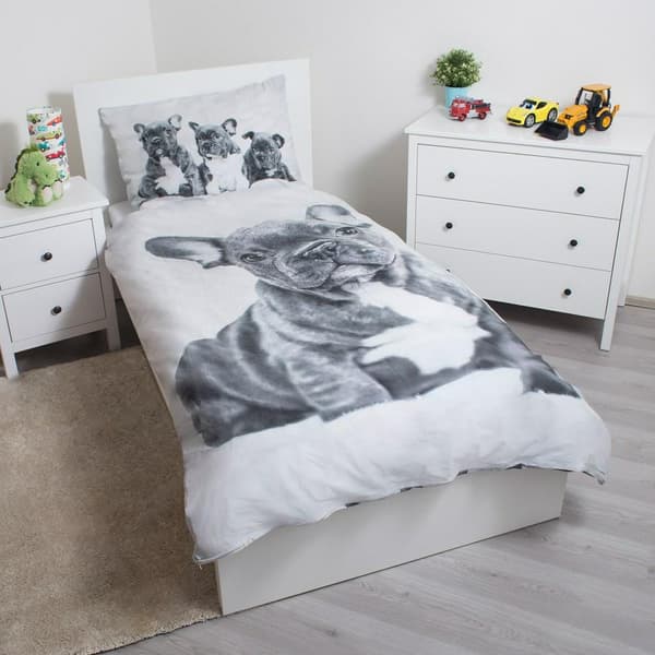 Sängkläder i bomull 140x200 Hund Fransk Bulldog vit grå prickar 7203 örngott 70x90