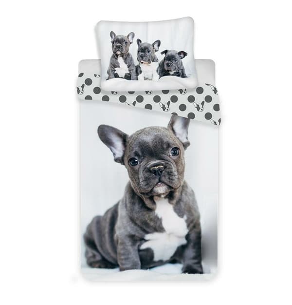 Sängkläder i bomull 140x200 Hund Fransk Bulldog vit grå prickar 7203 örngott 70x90