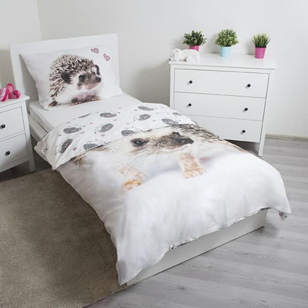 Bomuld sengetøj 140x200 Pindsvin Pindsvin 9306 Pindsvin hvide hjerter pink pudebetræk 70x90