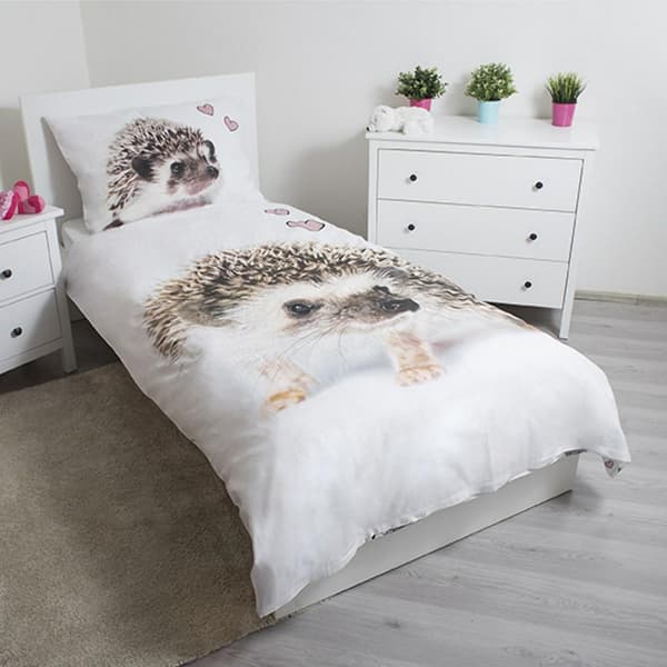 Bomuld sengetøj 140x200 Pindsvin Pindsvin 9306 Pindsvin hvide hjerter pink pudebetræk 70x90