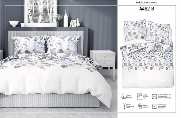 Sängkläder i bomull 220x200 vita gråblå blommor 4462 B bomull 40