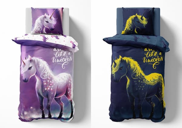 Glow in the dark sängkläder 160x200 Unicorn lila 4638 A Fluo 35