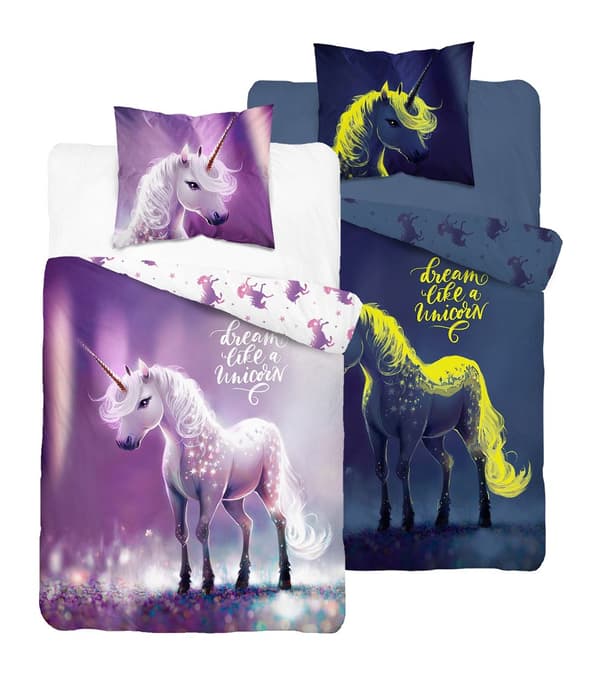 Glow in the dark sängkläder 160x200 Unicorn lila 4638 A Fluo 35