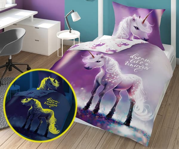 Glow in the dark sängkläder 160x200 Unicorn lila 4638 A Fluo 35