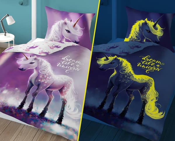 Glow in the dark sängkläder 160x200 Unicorn lila 4638 A Fluo 35